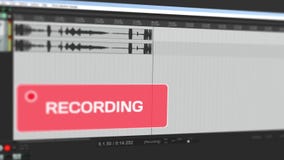 Video som visar rörande waveform av ljudsignalinspelning på datoren till det stereo- spåret direktanslutet och varnar användaren Video som visar rörande waveform av ljudsignalinspelning på datoren till det stereo- spåret direktanslutet och varnar användaren