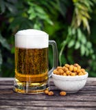 Vidro da cerveja fria com petisco, amendoins revestidos na tabela de madeira no jardim foto de stock Vidro da cerveja fria com petisco, amendoins revestidos na tabela de madeira no jardim foto de stock