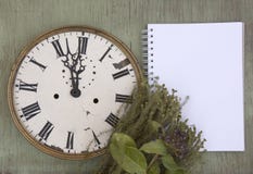 Vieille horloge sur le fond en bois vert Fond de nouvelle année avec des plantes et des baies pourpres Feuilles fraîches et baies photographie stock libre de droits Vieille horloge sur le fond en bois vert Fond de nouvelle année avec des plantes et des baies pourpres Feuilles fraîches et baies photographie stock libre de droits