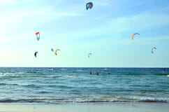 Viele Drachen im Meer Surfbretteinstieg auf dem Strand Balancieren Sie, extremer Sport, Gruppenrest, öffentliche Interessen lizenzfreie stockfotos Viele Drachen im Meer Surfbretteinstieg auf dem Strand Balancieren Sie, extremer Sport, Gruppenrest, öffentliche Interessen lizenzfreie stockfotos