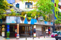 VIENNA, AUSTRIA - JULY 31, 2014: VIENNA, AUSTRIA - JULY 31, 2014: view of famous Hundertwasser house in Vienna, Austria. Apartment Stock Photos VIENNA, AUSTRIA - JULY 31, 2014: VIENNA, AUSTRIA - JULY 31, 2014: view of famous Hundertwasser house in Vienna, Austria. Apartment Stock Photos
