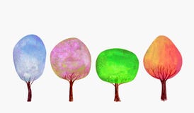 Vier van de de lentezomer van de seizoenenwinter de herfst blauwe roze groene gouden bomen geplaatst waterverfachtergrond vector illustratie Vier van de de lentezomer van de seizoenenwinter de herfst blauwe roze groene gouden bomen geplaatst waterverfachtergrond vector illustratie