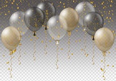 Vierings achtergrondmalplaatje met ballons, confettien en linten op transparante achtergrond Vector illustratie stock illustratie Vierings achtergrondmalplaatje met ballons, confettien en linten op transparante achtergrond Vector illustratie stock illustratie