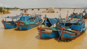 vietnam Fischerboote mit roten Fahnen in Nha Trang, stock video vietnam Fischerboote mit roten Fahnen in Nha Trang, stock video