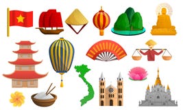Vietnam symbolsuppsättning, tecknad filmstil stock illustrationer Vietnam symbolsuppsättning, tecknad filmstil stock illustrationer