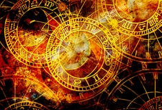 Vieux horloge et collage de zodiaque Fond abstrait de couleur illustration stock Vieux horloge et collage de zodiaque Fond abstrait de couleur illustration stock
