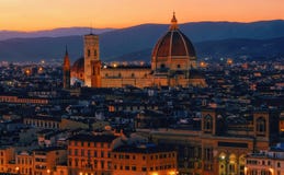 Sunset view of Florence, Palazzo Vecchio and Florence Duomo, Italy. Architecture and landmark of Florence. Night cityscape of Flo royalty free stock photos Sunset view of Florence, Palazzo Vecchio and Florence Duomo, Italy. Architecture and landmark of Florence. Night cityscape of Flo royalty free stock photos
