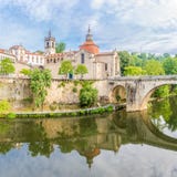View at the church of Sao Domingos and monastery Sao Goncalo over Tamega river in Amarante ,Portugal royalty free stock image View at the church of Sao Domingos and monastery Sao Goncalo over Tamega river in Amarante ,Portugal royalty free stock image