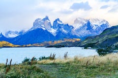 View of Cuernos del Paine from lake Pehoe royalty free stock photography View of Cuernos del Paine from lake Pehoe royalty free stock photography