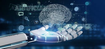 Cyborg hand holding a artificial intelligence concpt with a brain and app 3d rendering