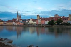 View from Danube on Regensburg`s Skyline During Blue Hour stock photo View from Danube on Regensburg`s Skyline During Blue Hour stock photo