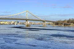 View of the Dnieper river and a footbridge stock photo View of the Dnieper river and a footbridge stock photo