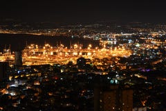 View of Downtown Haifa and Port from the Bahai Gardens on Mt Carmel at night, Israel stock photography View of Downtown Haifa and Port from the Bahai Gardens on Mt Carmel at night, Israel stock photography