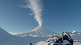 View on erupting Klyuchevskaya Sopka - active volcano of Kamchatka