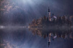 View Island with Catholic Church in Bled Lake. Bled is one of the most amazing tourist attractions in Slovenia. Concept Winter Lan Royalty Free Stock Photography View Island with Catholic Church in Bled Lake. Bled is one of the most amazing tourist attractions in Slovenia. Concept Winter Lan Royalty Free Stock Photography