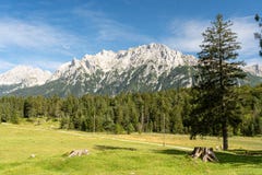 view on the karwendel mountains at the chapel of queen maria in Germany, Bayern-Bavaria, near the alpine town of Mittenwald