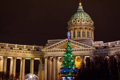 View of Kazan Cathedral and Christmas Tree at night. Saint Petersburg. Russia Stock Image View of Kazan Cathedral and Christmas Tree at night. Saint Petersburg. Russia Stock Image