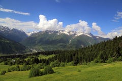 View of a mountain valley, View of a mountain valley near the village of Mestia in the Upper Svaneti region, Georgia royalty free stock photos View of a mountain valley, View of a mountain valley near the village of Mestia in the Upper Svaneti region, Georgia royalty free stock photos