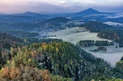 View Of Autumn Landscape With Meadows And Forest Stock Image