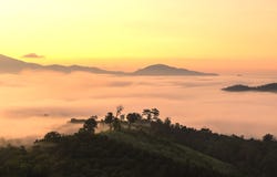 View On Top Of The Hill During The Misty Sunrise At Yun Lai Viewpoint, Pai, Thailand. Stock Photo View On Top Of The Hill During The Misty Sunrise At Yun Lai Viewpoint, Pai, Thailand. Stock Photo