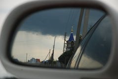 Russian church in the mirror of the car royalty free stock photo Russian church in the mirror of the car royalty free stock photo