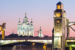 View of the Smolny Cathedral and the Bolsheokhtinsky bridge during the White Nights. St. Petersburg. Russia royalty free stock images View of the Smolny Cathedral and the Bolsheokhtinsky bridge during the White Nights. St. Petersburg. Russia royalty free stock images