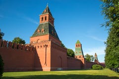 View of the Taina First and Second Nameless towers of the Kremlin on a clear Sunny day. royalty free stock photos View of the Taina First and Second Nameless towers of the Kremlin on a clear Sunny day. royalty free stock photos