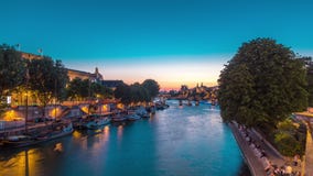 View to Pont des Arts in Paris after sunset day to night timelapse, France