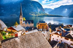 Views over roofs of the lake and Hallstatter and Hallstatt Lutheran Church, Austria