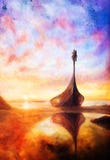 Viking Boat op het strand, die op canvas, Boot met houten draak schilderen royalty-vrije illustratie Viking Boat op het strand, die op canvas, Boot met houten draak schilderen royalty-vrije illustratie