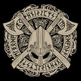 Viking Helmet, Crossed Viking Axes And In A Wreath Of Scandinavian Pattern And Norse Runes Stock Image Viking Helmet, Crossed Viking Axes And In A Wreath Of Scandinavian Pattern And Norse Runes Stock Image