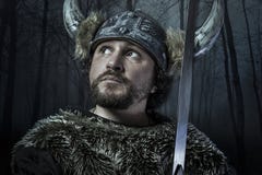 Viking warrior, male dressed in Barbarian style with sword, bear royalty free stock photography Viking warrior, male dressed in Barbarian style with sword, bear royalty free stock photography
