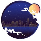 Ville au néon avec la lune, les étoiles et l'océan, illustration de vecteur illustration stock Ville au néon avec la lune, les étoiles et l'océan, illustration de vecteur illustration stock
