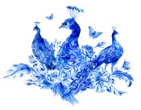 Vintage Blue Peacocks With Watercolor Roses Royalty Free Stock Images Vintage Blue Peacocks With Watercolor Roses Royalty Free Stock Images