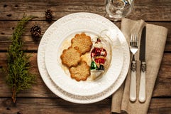 Vintage christmas table - white plate with ginger cookies from above stock images Vintage christmas table - white plate with ginger cookies from above stock images