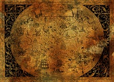 Vintage Fantasy World Map With Pirate Ship, Compass, Dragons On Old Paper Texture Royalty Free Stock Photos