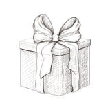 vintage gift box hand drawn. engraved present illustration isolated on white background. present box icon with lush bow and ribbon