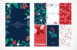 Vintage Merry Christmas And Happy New Year background set. Berries, sprigs and leaves stylish vector illustration on winter greeting card. Good for cards royalty free illustration Vintage Merry Christmas And Happy New Year background set. Berries, sprigs and leaves stylish vector illustration on winter greeting card. Good for cards royalty free illustration