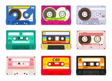 Vintage music cassettes. Retro dj sound tape, 1980s rave party stereo mix, old school record technology. Vector old 90s