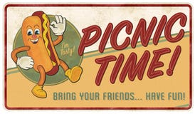 Vintage Picnic Sign Hot Dog Burgers Grill Fun Friends Inviation