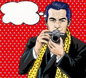 Vintage Pop Art Man with photo camera and with speech bubble. Party invitation. Man from comics. Playboy. Dandy. Gentleman club.