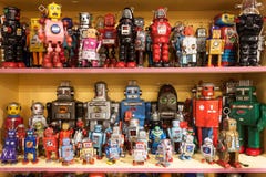 Vintage tinplate robots on display at HOMI, home international show in Milan, Italy royalty free stock photography Vintage tinplate robots on display at HOMI, home international show in Milan, Italy royalty free stock photography