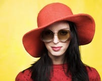 Vintage Woman In Sunglasses And Red Hat Royalty Free Stock Image
