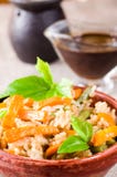 Vintage wooden bowl with boiled rice and vegetables Stock Photo Vintage wooden bowl with boiled rice and vegetables Stock Photo