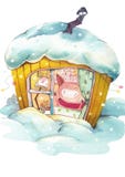Vinterafton i ett hemtrevligt varmt litet svinhus royaltyfri illustrationer Vinterafton i ett hemtrevligt varmt litet svinhus royaltyfri illustrationer