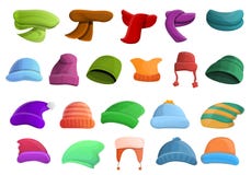 Vinterheadwearsymboler uppsättning, tecknad filmstil royaltyfri illustrationer Vinterheadwearsymboler uppsättning, tecknad filmstil royaltyfri illustrationer