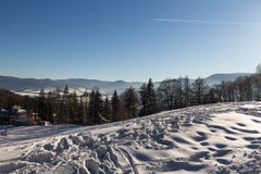 Vinterpanoramalandskapet med skogen, tr?d t?ckte sn? och soluppg?ng winterly morgon av en ny dag Vinterlandskap med solnedg?ng royaltyfria foton Vinterpanoramalandskapet med skogen, tr?d t?ckte sn? och soluppg?ng winterly morgon av en ny dag Vinterlandskap med solnedg?ng royaltyfria foton