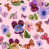 A viola vívida bonita floresce as folhas e borboletas brilhantes no fundo cor-de-rosa Teste padrão floral sem emenda da mola ou d ilustração do vetor A viola vívida bonita floresce as folhas e borboletas brilhantes no fundo cor-de-rosa Teste padrão floral sem emenda da mola ou d ilustração do vetor