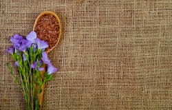 Violet flower of flax and seeds in a wooden spoon on an old brow Stock Photo Violet flower of flax and seeds in a wooden spoon on an old brow Stock Photo