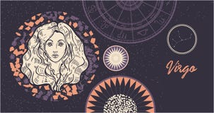 Virgo de la muestra del zodiaco El símbolo del horóscopo astrológico Cara a mano de las mujeres de illustration Bandera horizonta libre illustration Virgo de la muestra del zodiaco El símbolo del horóscopo astrológico Cara a mano de las mujeres de illustration Bandera horizonta libre illustration